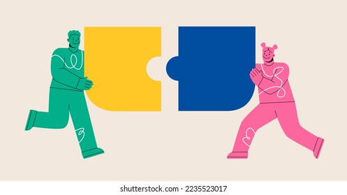 Business teamwork together people connect puzzle elements. Colorful vector illustration
