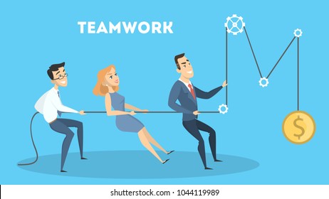 Business teamwork together pulling rope for getting profit.