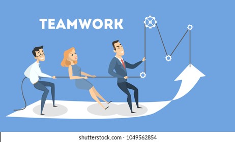 Business teamwork together pulling rope for getting profit.