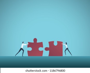 Business teamwork vector concept with businessman and businesswoman pushing jigsaw puzzles together. Symbol of cooperation, collaboration, technology, success. Eps10 vector illustration.