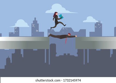 Business teamwork vector concept: businessman lying and hanging on the pillars while his business partner crossing over