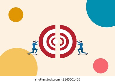 Business teamwork vector concept with businessman pushing jigsaw puzzles target together. Symbol of cooperation, collaboration, technology, success. Eps10 vector illustration.
