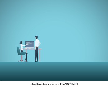 Business teamwork vector concept with man and woman looking at computer in the office. Symbol of cooperation, corporate job, modern technology. Eps10 vector illustration.