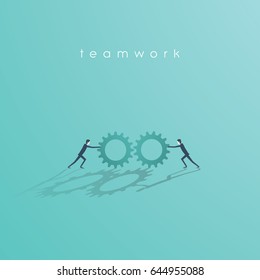 Business teamwork vector concept with two businessman pushing cog wheels to each other. Business symbol of cooperation, work, solution. Eps10 vector illustration.