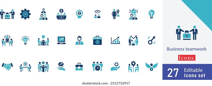 Business teamwork vector design icon collection set. containing  success, achievement, planning, organization,  team meeting, presentation, goal setting more vector illustration icons