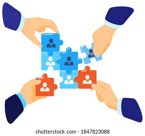 Business teamwork vector illustration. Cartoon flat businessman partners hands holding and connecting pieces of jigsaw puzzle together, team working on success partnership concept isolated on white