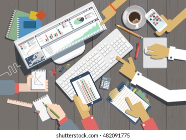 business teamwork vector illustration with different diagram