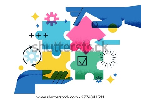 Business teamwork vector illustration. Hands assembling colorful puzzle pieces with gears and checkmark. Abstract geometric project design. Problem solution, partnership, marketing strategy concept