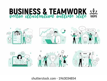 Business and teamwork vector illustration outline style. Office work and corporate culture.