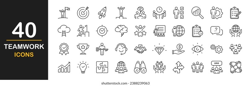 Business teamwork web icons set. Team work - simple thin line icons collection. Containing Co-worker, work group cooperation and collaboration, team building, and human resources and more