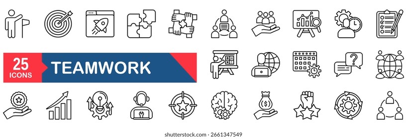 Websymbolsatz für Geschäftsteams. Teamarbeit - einfache Sammlung dünner Linien-Symbole. Mit Co-Worker, Zusammenarbeit und Zusammenarbeit in Arbeitsgruppen, Teambildung, Humanressourcen und mehr