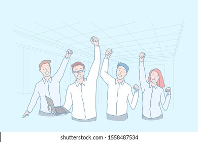 Business, teamwork, win, achievement, excellence concept. Young successful businessman, businesswoman team celebrate victory in office. Happy man, woman workers are ready new project. Flat vector.