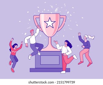 Business teamwork winner concept. Group of people jumping holding trophy. golden cup and confetti. Business team achievements. Get reward and celebrate. Vector outline graphics.