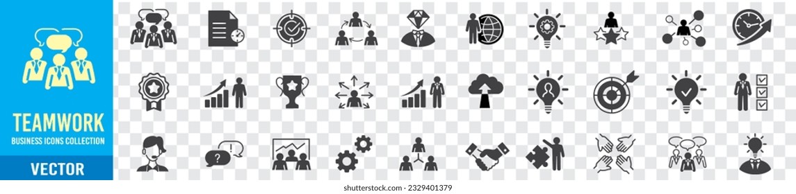 Equipo de trabajo de negocios, grupo de trabajo, recursos humanos y conjunto de iconos de creación de equipos. 