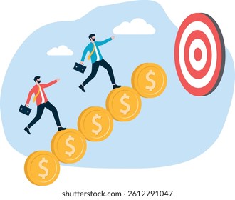 Business teamwork to work together with gold coins to build a stepping stone to your goals, step by step investment or wealth plans,

