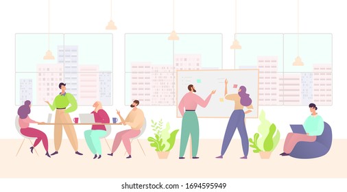 Business-Teamwork, Vektorillustration am Arbeitsplatz. Cartoon Corporate Gruppe Team Mitarbeiter arbeiten, Job im Büro innen, flacher Mann Angestellte Charaktertreffen, Business-Mann-Diskussion oder Brainstorm
