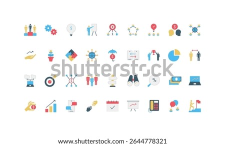 Business teamwork, workshop challenge, collaboration of employees, startup color icon set. Board training of members, search for ideas and trends together, team support flat vector illustration
