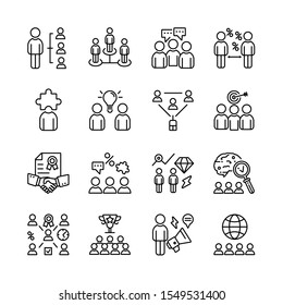 Business teamwork,conference,classroom,team building.Line icon set.