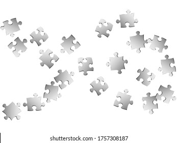 Business teaser jigsaw puzzle metallic silver parts vector illustration. Top view of puzzle pieces isolated on white. Cooperation abstract concept. Jigsaw match elements.