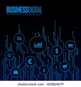 Business and tech background of various icons in the circles and technology lines. Blue vector design elements.