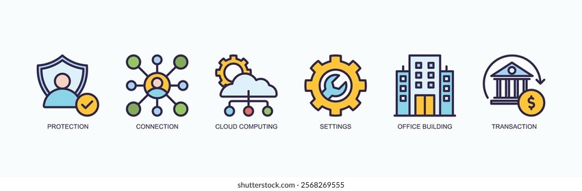 Business And Tech Essentials Icon Set Icon Set Isolated Vector Illustration Concept With Icon Of Protection, Connection, Cloud Computing, Settings, Office Building, Transaction In Outline Color Style