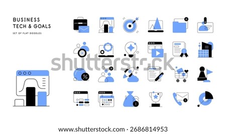 Business Tech and goals. Flat doodles set. Vector file.