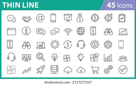 Business and tech icon set, vector illustrations for communication, finance, analytics, innovation, and e-commerce, editable line symbols for websites, apps, presentations, productivity tools, and UI design.