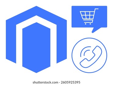 Business tech platform including shopping cart speech bubble, phone call icon, and company logo in hexagon. Ideal for tech startups, customer service, retail, digital marketing, communication tools