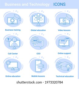 Business technologies and education.A set of web icons in the style of thin contours.A collection of various icons for web design. Vector illustration.