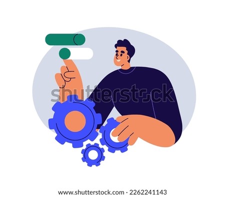 Business technologies work concept. Fixing settings, cogwheels, adjusting sliders. Person changing, developing, modifying, repairing system. Flat vector illustration isolated on white background