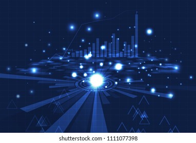 Business technology, analysis of digital bar chart, grid and data on blue concept with particles glowing abstract background vector illustration