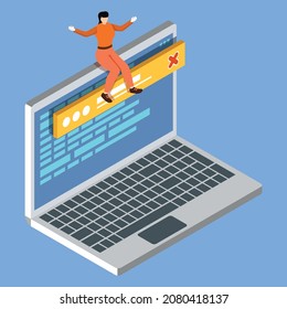 Business and Technology analysis isometric concept. Woman sitting on the laptop. Vector illustration