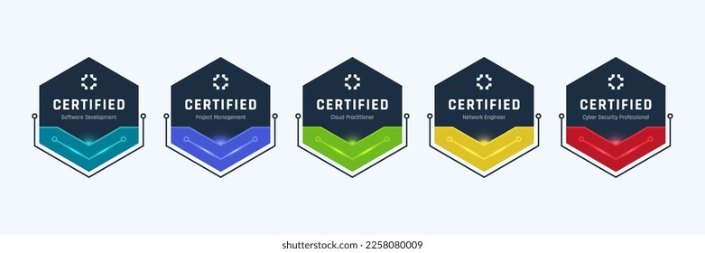 Diseño de distintivos con certificación de tecnología empresarial. Plantilla moderna de logotipo de certificación tecnológica. Ilustración vectorial