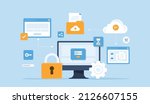 Business technology cloud computing service and technology file upload backup on cloud server storage concept with monitor web login security user. Flat vector Illustration cartoon character design 