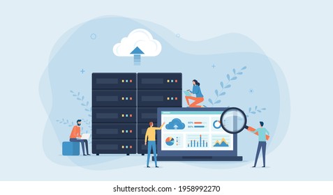 business technology cloud computing service concept and datacenter storage server connect on cloud with administrator and developer team working on dashboard monitor concept