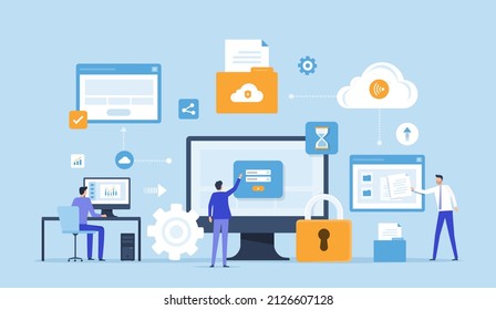 Business technology cloud computing service and technology file upload backup on cloud server storage concept with team administrator and developer working login on computer monitor. 