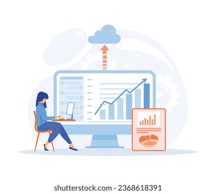 business technology cloud computing service concept, developer team working on dashboard monitor, flat vector modern illustration