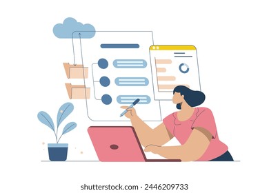 Business technology cloud computing service concept, Data analysis, Storing important data, Categorizing or classifying work files, Female employee is organizing efficient work on dashboard.