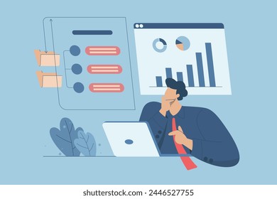 Business technology cloud computing service concept, Data analysis, Storing important data, Categorizing or classifying work files, Male employee is organizing efficient work on dashboard.