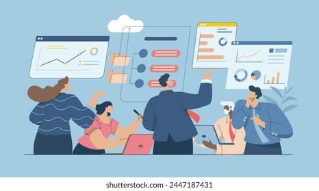 Concepto de servicio de computación en la nube de tecnología empresarial, Almacenamiento de datos importantes, Análisis de datos, Categorización o clasificación de archivos de trabajo, Equipo de negocios que comprueba grandes datos en el tablero o la página de Sitio web.