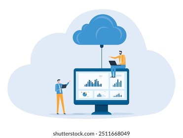 business technology cloud computing service concept and datacenter storage server connect on cloud with administrator and developer team working concept