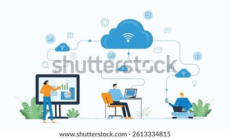 business technology cloud computing service connection concept with developer team working. business smart working online connect anywhere concept. flat vector illustration.