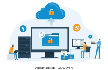 business technology cloud server security. online storage backup. with administrator and developer team management data upload on cloud storage concept. flat vector illustration design.