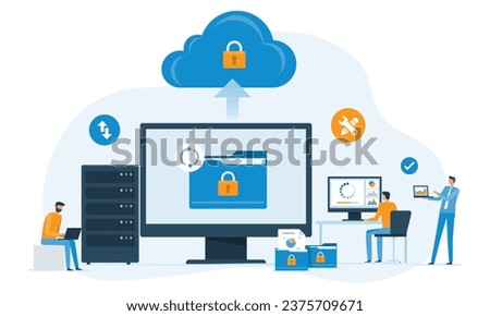 business technology cloud server security. online storage backup. with administrator and developer team management data upload on cloud storage concept. flat vector illustration design.