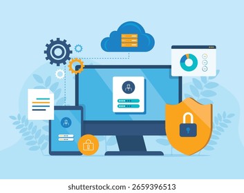 Tecnología empresarial Copia de seguridad de almacenamiento en la nube. Concepto de seguridad de centro de datos y computación en la nube empresarial. con el equipo de administración y desarrollador. Diseño de Ilustración vectorial plana.