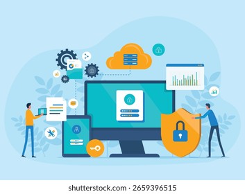 business technology cloud storage backup. conceito de segurança de data center e computação em nuvem empresarial. com equipe de administradores e desenvolvedores. design de ilustração de vetor plano.