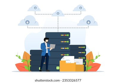 Business Technology Cloud Storage Konzept, Cloud Server Service mit Administrator- und Entwickler-Workstation-Konzept, Menschen mit Cloud-Datenkonzept. Dienste zum Speichern und Teilen von Informationen.