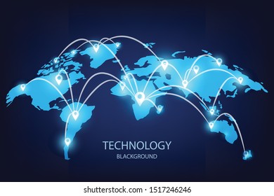 Business technology communication map on blue background. 
World map and global network connection. Abstract  line and point travel. Vector illustration in flat design.