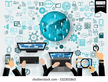 Business Technology Communication modern design Idea and Concept Vector illustration with Hand,Watch, Computer, Cellphone, Tablet, Laptop,icon.