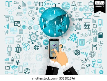 Business Technology Communication modern design Idea and Concept Vector illustration with Hand,Cellphone,icon.